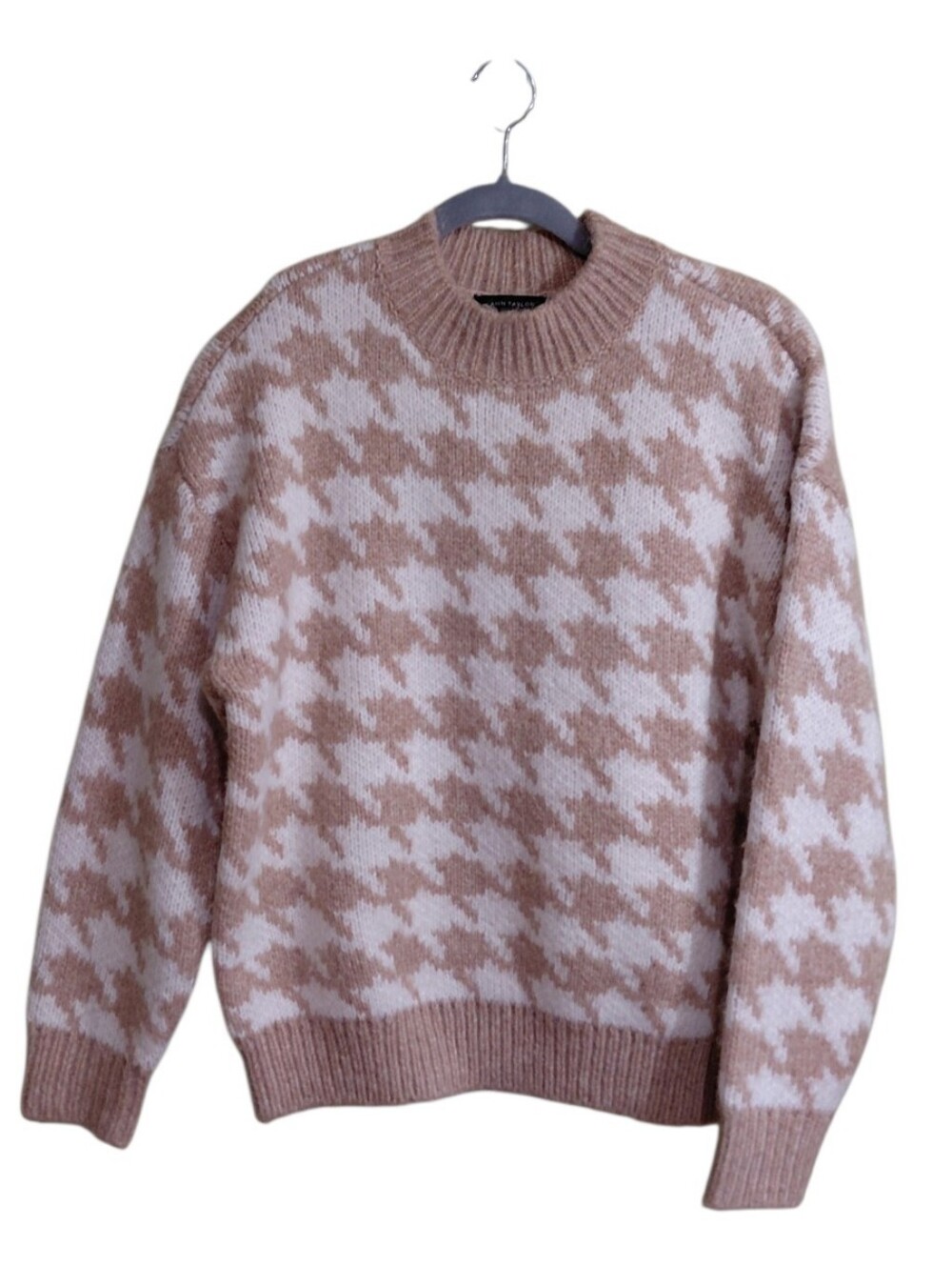 Ann Taylor Beige & Cream Houndstooth Crewneck Sweater